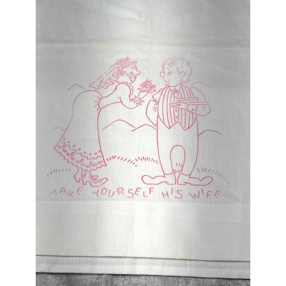 Stamped Embroidery Pillowcase "Make Yourself His Wife" Pink Cartoon Design Vinta